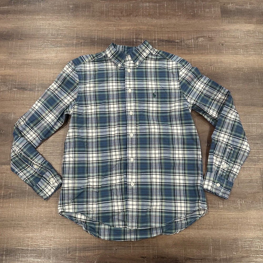 Ralph Lauren Boys Plaid Button Down Shirt Blue Green White Size L 14-16 Preppy